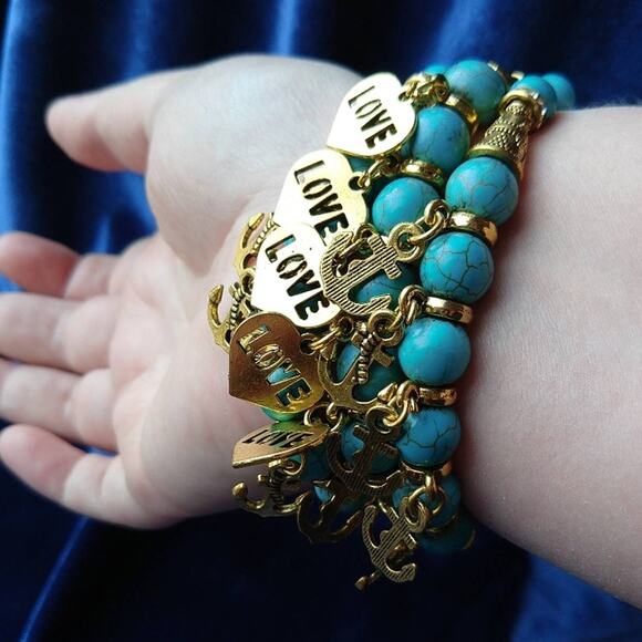 Turquoise Arm Stack 3 Bracelet Set blue beads gold Love & Anchor charms - Picture 1 of 8